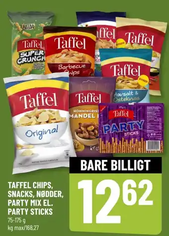 TAFFEL CHIPS, SNACKS, NØDDER, PARTY MIX EL. PARTY STICKS