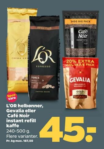 Netto L'OR helbønner, Gevalia eller Café Noir instant refill kaffe tilbud