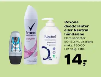 Kvickly Rexona deodoranter eller Neutral håndsæbe tilbud