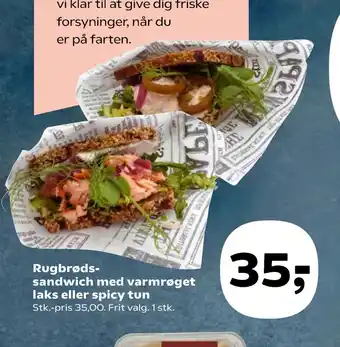 Kvickly Rugbrødssandwich med varmrøget laks eller spicy tun tilbud