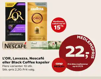 Kvickly L’OR, Lavazza, Nescafé eller Black Coffee kapsler tilbud