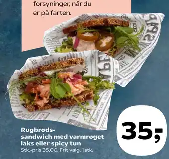 SuperBrugsen Rugbrødssandwich med varmrøget laks eller spicy tun tilbud