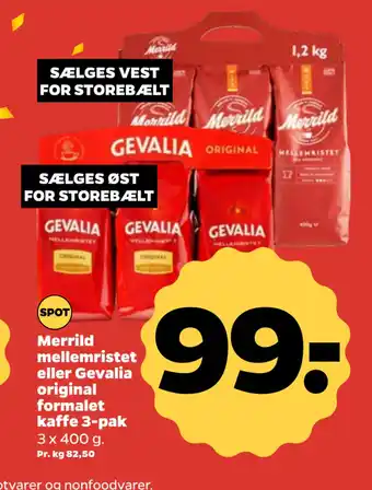 Netto Merrild mellemristet eller Gevalia original formalet kaffe 3-pak tilbud