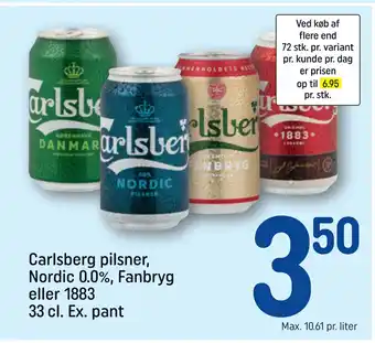 REMA 1000 Carlsberg pilsner, Nordic 0.0%, Fanbryg eller 1883 33 cl. Ex. pant tilbud