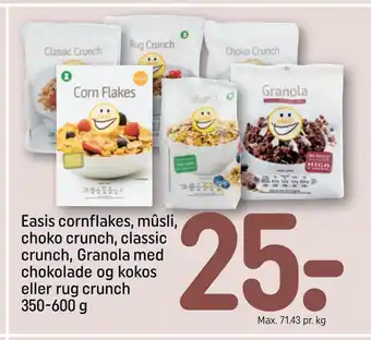 REMA 1000 Easis cornflakes, mûsli, choko crunch, classic crunch, Granola med chokolade og kokos eller rug crunch 350-600 g tilbud