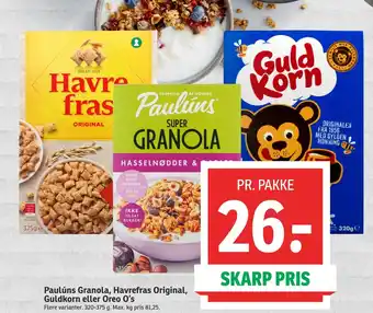 Paulúns Granola, Havrefras Original, Guldkorn eller Oreo O’s