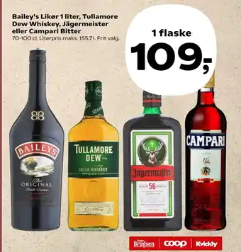 Kvickly Bailey's Likør 1 liter, Tullamore Dew Whiskey, Jägermeister eller Campari Bitter tilbud