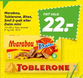 Bilka Marabou, Toblerone, Bites, Smil 2-pak eller Daim mini tilbud