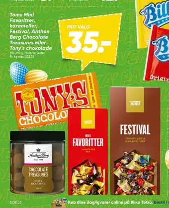 Bilka Toms Mini Favoritter, karameller, Festival, Anthon Berg Chocolate Treasures eller Tony's chokolade tilbud