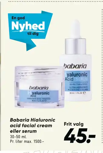 Bilka Babaria Hialuronic acid facial cream eller serum tilbud