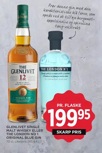 MENY GLENLIVET SINGLE MALT WHISKY ELLER THE LONDON NO 1 ORIGINAL BLUE GIN tilbud