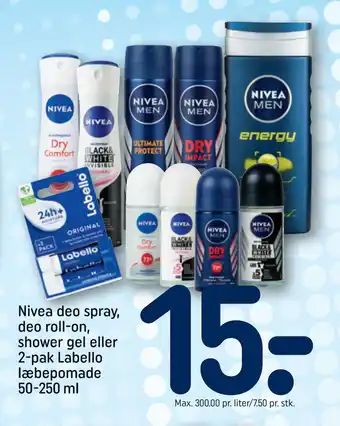 REMA 1000 Nivea deo spray, deo roll-on, shower gel eller 2-pak Labello læbepomade 50-250 ml tilbud