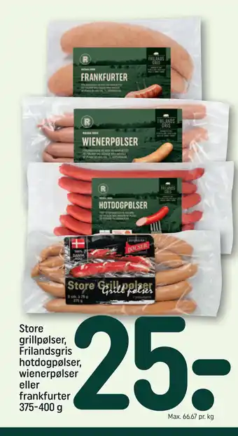 REMA 1000 Store grillpølser, Frilandsgris hotdogpølser, wienerpølser eller frankfurter 375-400 g tilbud