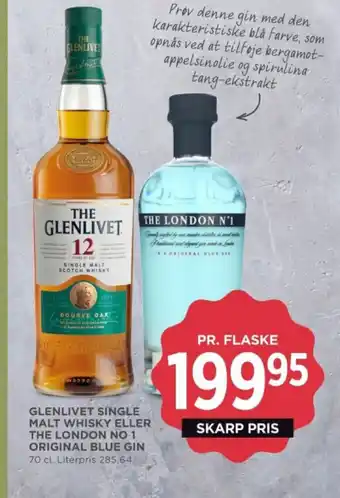 MENY GLENLIVET SINGLE MALT WHISKY ELLER THE LONDON NO 1 ORIGINAL BLUE GIN tilbud