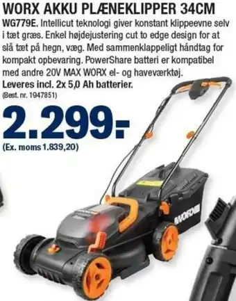 Stark Worx Akku Plæneklipper 34cm tilbud