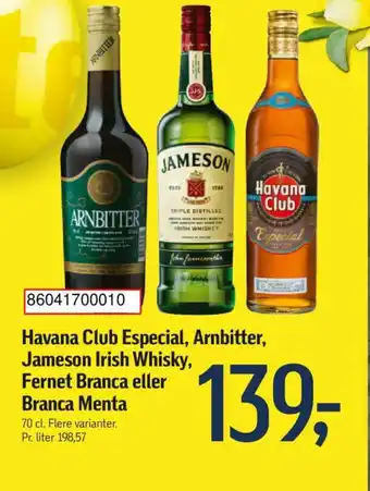 Føtex Havana Club Especial, Arnbitter, Jameson Irish Whisky, Fernet Branca eller Branca Menta tilbud
