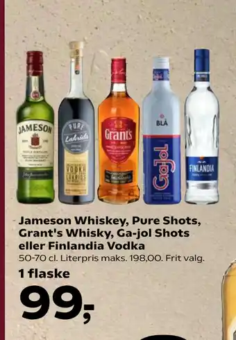 Jameson Whiskey, Pure Shots, Grant's Whisky, Ga-jol Shots eller Finlandia Vodka