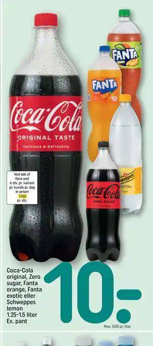 REMA 1000 Coca-Cola original, Zero sugar, Fanta orange, Fanta exotic eller Schweppes lemon 1.25-1.5 liter tilbud