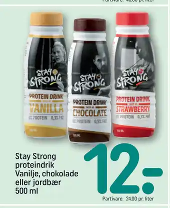 REMA 1000 Stay Strong proteindrik Vanilje, chokolade eller jordbær 500 ml tilbud
