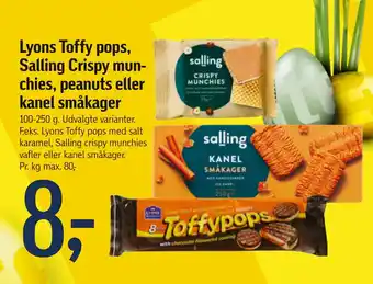 Føtex Lyons Toffy pops, Salling Crispy munchies, peanuts eller kanel småkager tilbud