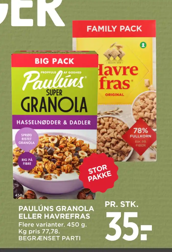 PAULÚNS GRANOLA ELLER HAVREFRAS tilbud hos MENY