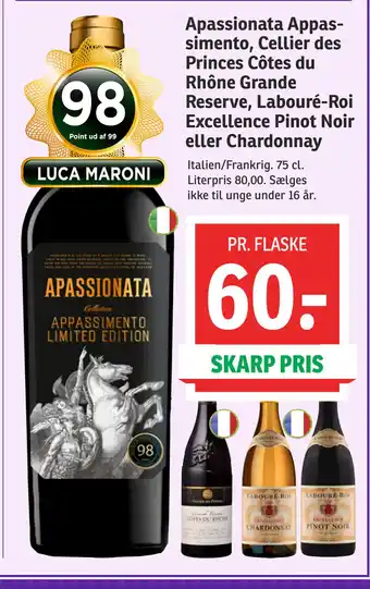 SPAR Apassionata Appassimento, Cellier des Princes Côtes du Rhône Grande Reserve, Labouré-Roi Excellence Pinot Noir eller Chardonn tilbud
