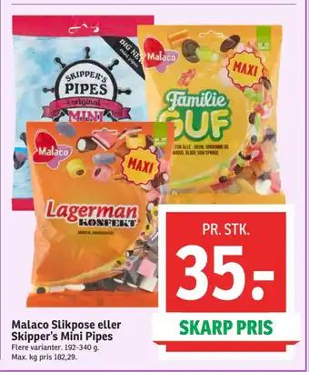 SPAR Malaco Slikpose eller Skipper's Mini Pipes tilbud
