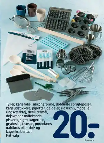 Tyller, kagefolie, silikoneforme, dobbelte sprøjteposer, kageudstikkere, pipetter, dejdeler, ridsekniv, modelleringsværktøj, 