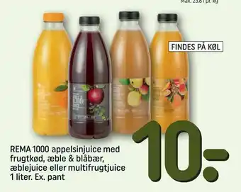 REMA 1000 REMA 1000 appelsinjuice med frugtkød, æble & blåbær, æblejuice eller multifrugtjuice tilbud