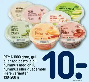 REMA 1000 REMA 1000 grøn, gul eller rød pesto, aioli, hummus med chili, hummus eller guacamole tilbud