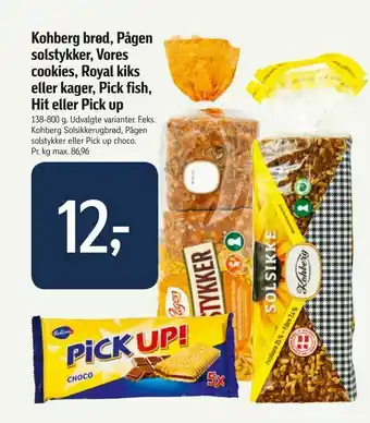Føtex Kohberg brød, Pågen solstykker, Vores cookies, Royal kiks eller kager, Pick fish, Hit eller Pick up tilbud