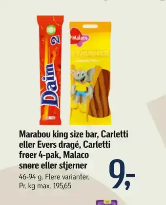 Føtex Marabou king size bar, Carletti eller Evers dragé, Carletti frøer 4-pak, Malaco snøre eller stjerner tilbud