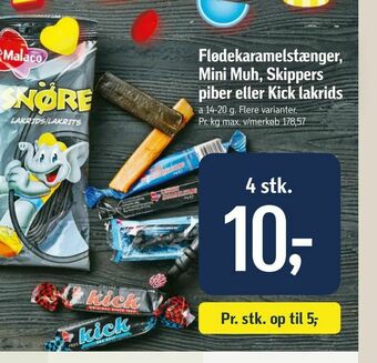 Flødekaramelstænger, Mini Muh, Skippers piber eller Kick lakrids