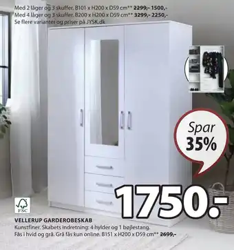 JYSK VELLERUP GARDEROBESKAB tilbud
