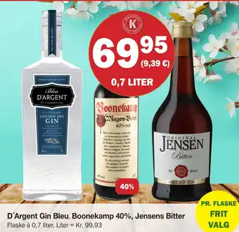 Købmandsgården D´Argent Gin Bleu Boonekamp 40%, Jensens Bitter tilbud