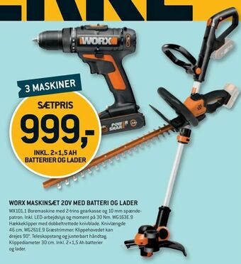 Worx maskinsæt 20v med batteri og lader