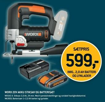 Worx 20v akku stiksav og batterisæt