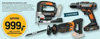 XL-BYG Worx maskinsæt med batteri og lader tilbud