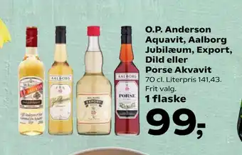 Kvickly O.P. Anderson Aquavit, Aalborg Jubilæum, Export, Dild eller Porse Akvavit tilbud