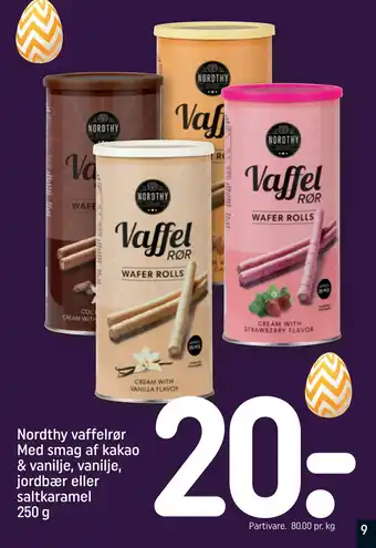 REMA 1000 Nordthy vaffelrør Med smag af kakao & vanilje, vanilje, jordbær eller saltkaramel 250 g tilbud