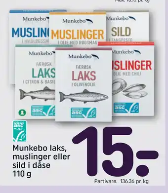 Rema 1000 Munkebo laks, muslinger eller sild i dåse 110 g tilbud