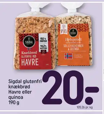 Rema 1000 Sigdal glutenfri knækbrød Havre eller quinoa 190 g tilbud