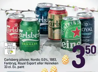 REMA 1000 Carlsberg pilsner, Nordic 0.0%, 1883, Fanbryg, Royal Export eller Heineken 33 cl tilbud