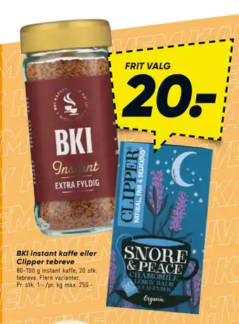 Bilka BKI instant kaffe eller Clipper tebreve tilbud