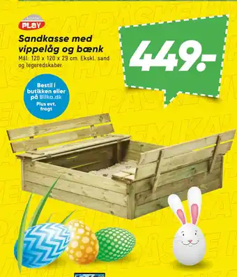 Bilka Sandkasse med vippelåg og bænk tilbud