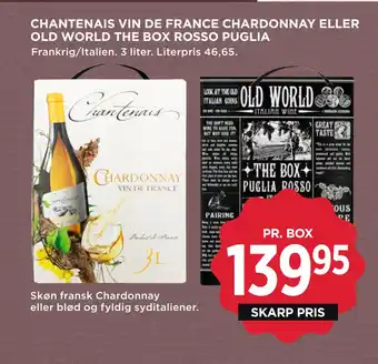 MENY CHANTENAIS VIN DE FRANCE CHARDONNAY ELLER OLD WORLD THE BOX ROSSO PUGLIA tilbud