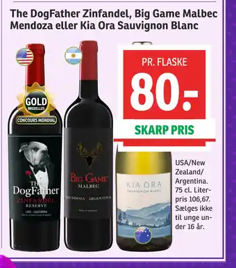 SPAR The DogFather Zinfandel, Big Game Malbec Mendoza eller Kia Ora Sauvignon Blanc tilbud