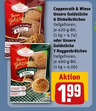 REWE DE Coppenrath & Wiese Unsere Goldstücke 6 Dinkelbrötchen oder Unsere Goldstücke 7 Roggenbrötchen tilbud