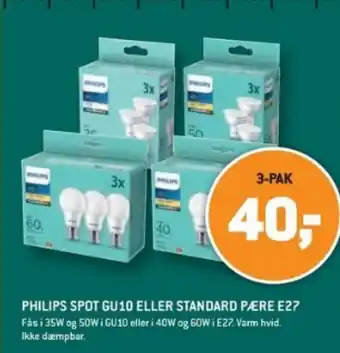 XL-BYG PHILIPS SPOT GU10 ELLER STANDARD PÆRE E27 tilbud