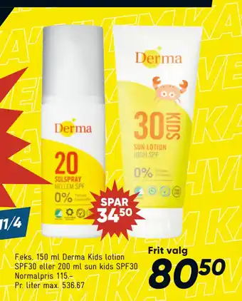 Bilka 150 ml Derma Kids lotion SPF30 eller 200 ml sun kids SPF30 tilbud